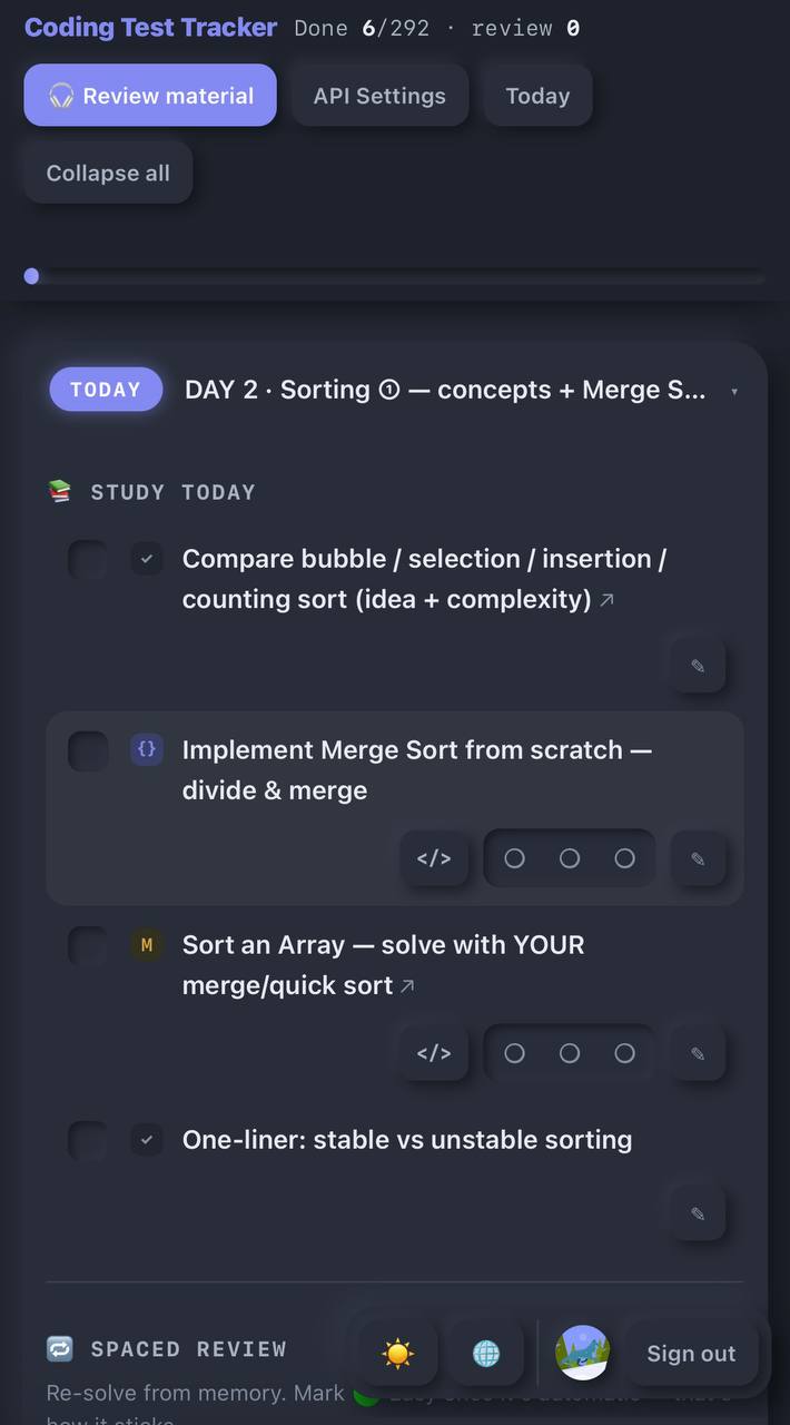 Coding Interview Prep daily study checklist with per-problem solution tabs