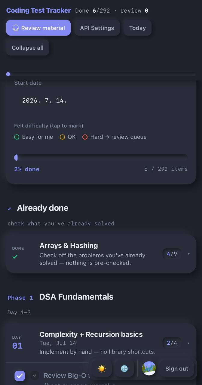 Coding Interview Prep onboarding, progress, and phased curriculum